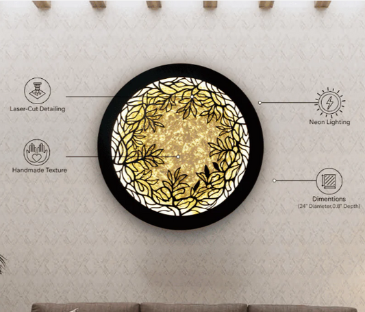 Modern botanical neon wall art with handmade detailing and LED backlighting, mounted above a sofa.