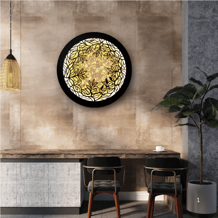 Modern botanical neon wall art with handmade detailing and LED backlighting, mounted above a sofa.