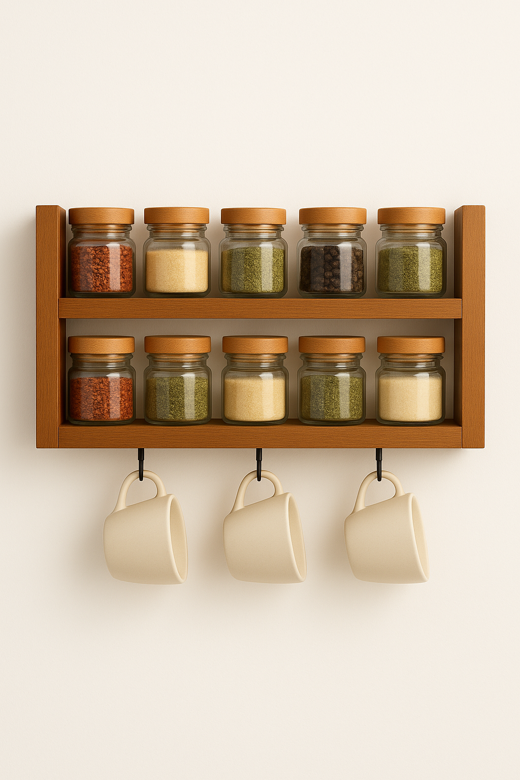 Beautiful Wooden Spice Rack For Kitchen with Hooks