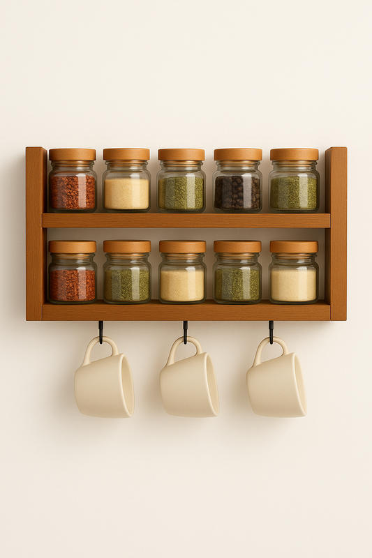 Beautiful Wooden Spice Rack For Kitchen with Hooks