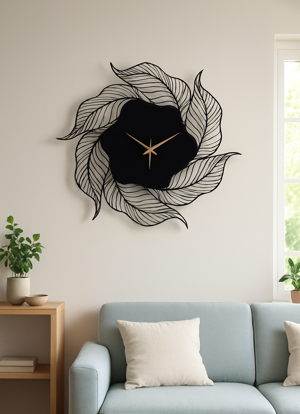 Modern black leaf design wall clock with golden hands mounted above a light grey sofa in a minimalist interior.