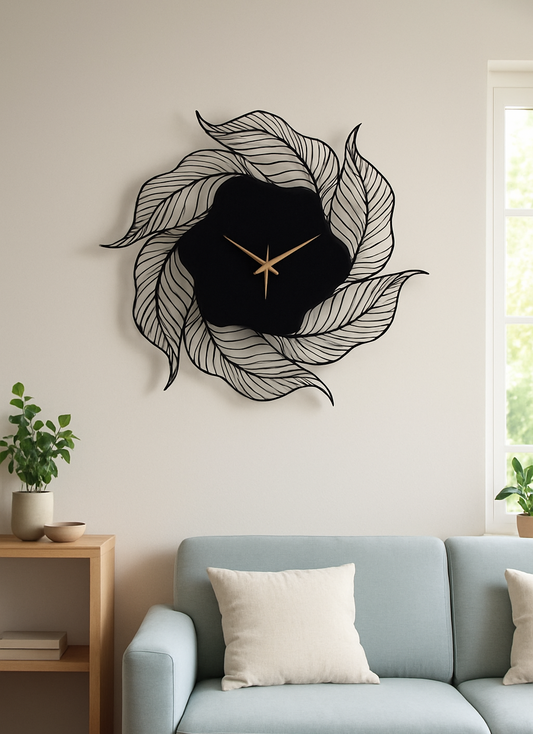Modern black leaf design wall clock with golden hands mounted above a light grey sofa in a minimalist interior.
