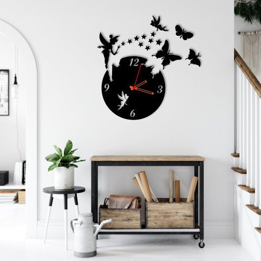 Black fantasy wall clock with fairies and butterflies for modern home decor