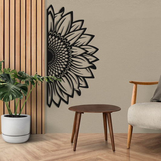 "Half sunflower wooden wall art with black outlines – modern boho home décor accent for living room wall"