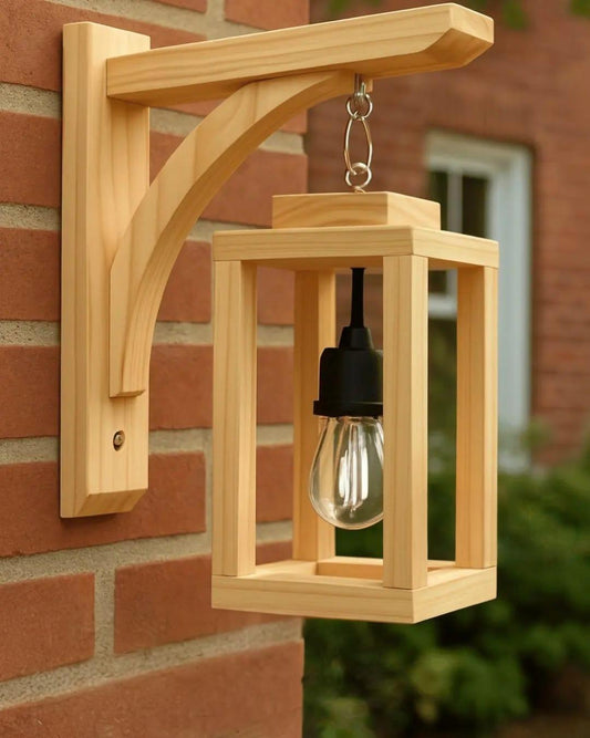 "Handcrafted natural pine wood homestead wall lantern mounted on a red brick exterior wall"