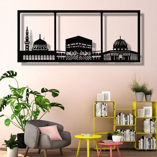 "Islamic wall frame with Kaaba, Masjid Nabawi, and Al-Aqsa silhouettes – modern home decor"