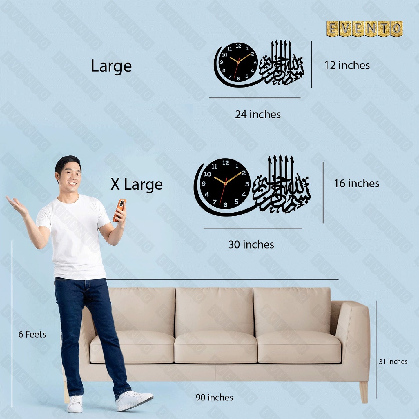 Islamic wall clock with Arabic calligraphy on a brown wall above a leather sofa.