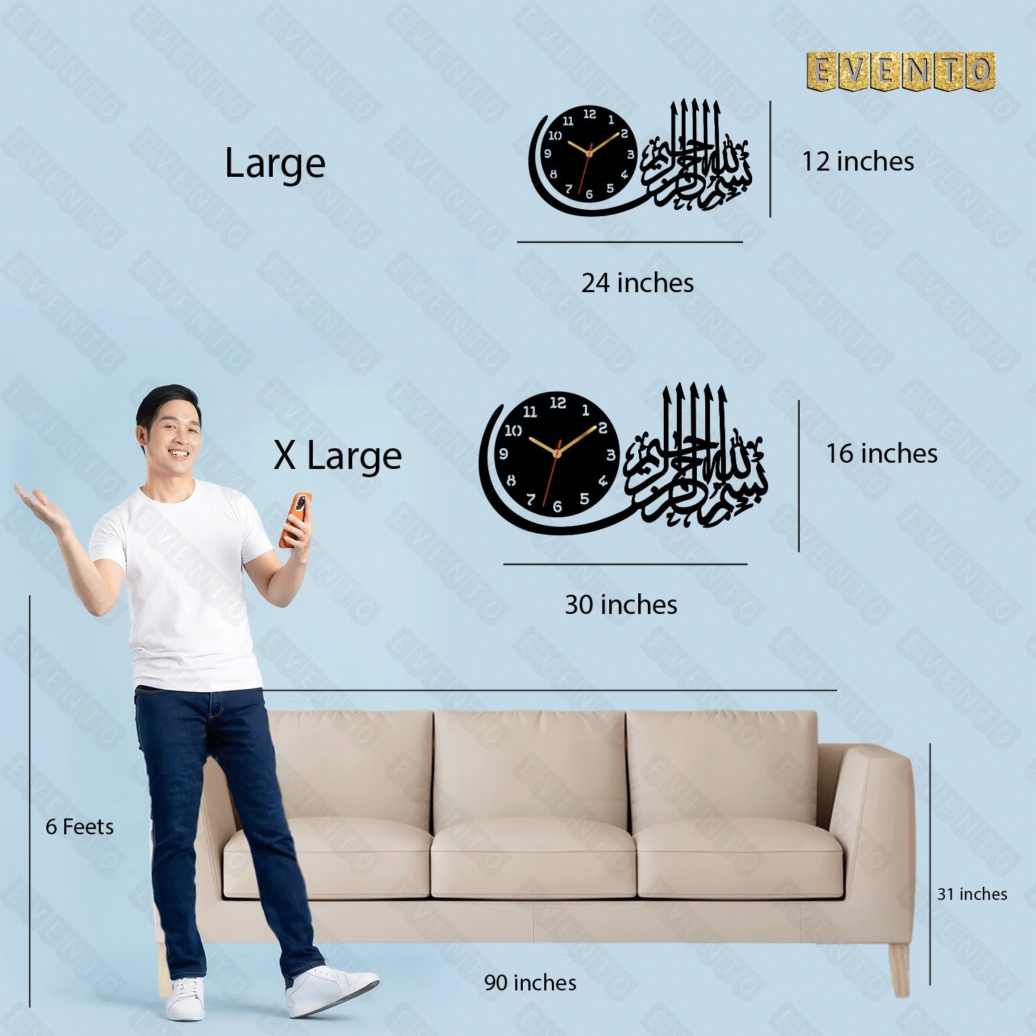 Islamic wall clock with Arabic calligraphy on a brown wall above a leather sofa.