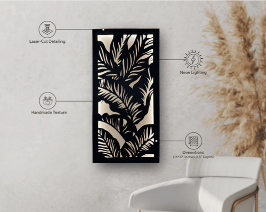 "Laser-cut wooden wall art with tropical leaf design and neon light"