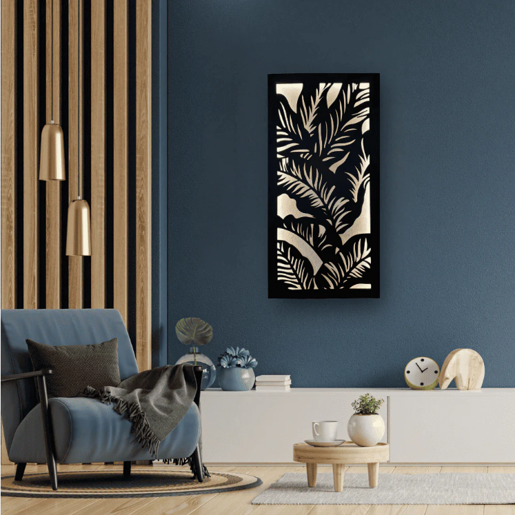 "Laser-cut wooden wall art with tropical leaf design and neon light"