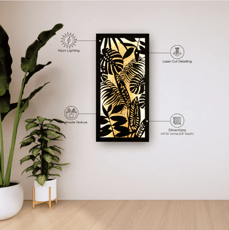 “Laser-cut tropical leaf wall art with LED backlight”