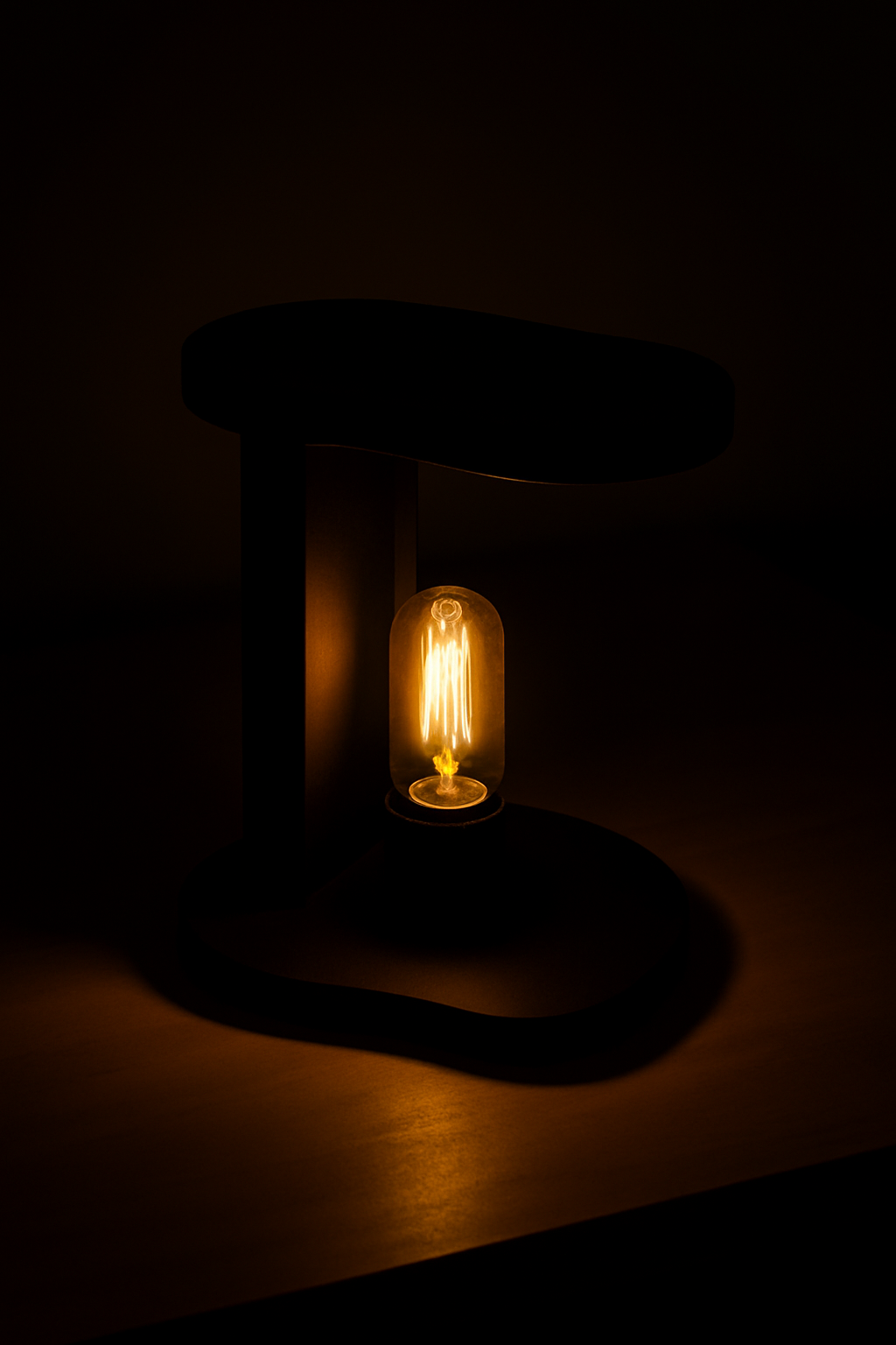 "Modern black C-shaped table lamp with exposed Edison bulb glowing warmly, placed on a light wooden surface with colorful background wall art."