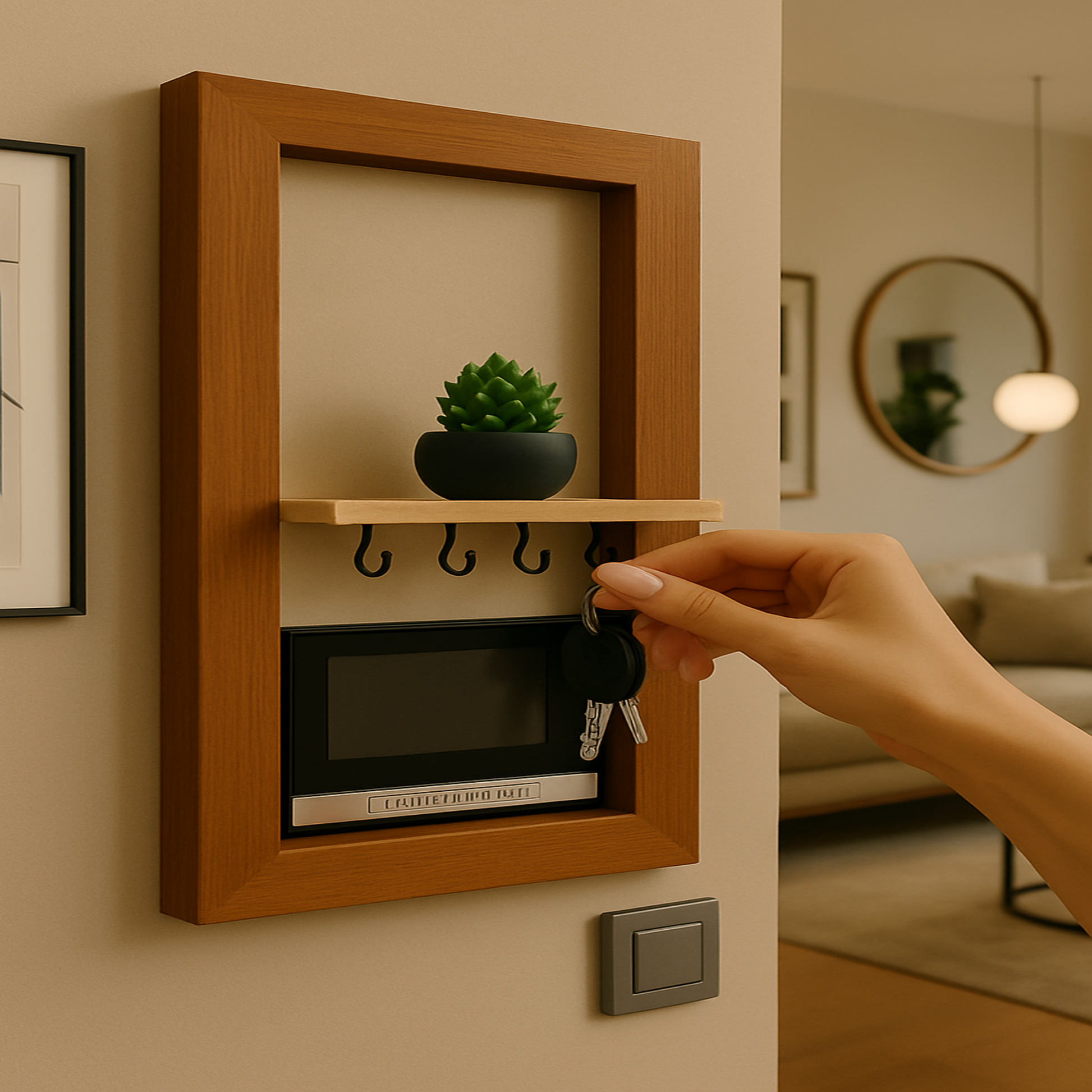 "Modern black wall-mounted key holder with shelf, hooks, and small potted plant in entryway interior"