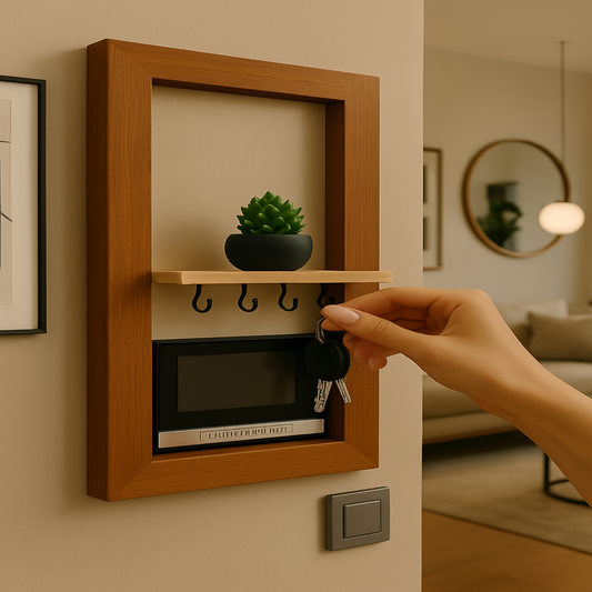 "Modern black wall-mounted key holder with shelf, hooks, and small potted plant in entryway interior"