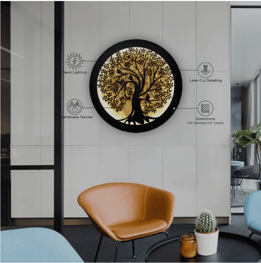"Tree of Life Wooden LED Wall Art with Neon Lighting - 24 Inch Round Wall Decor in Modern Office"