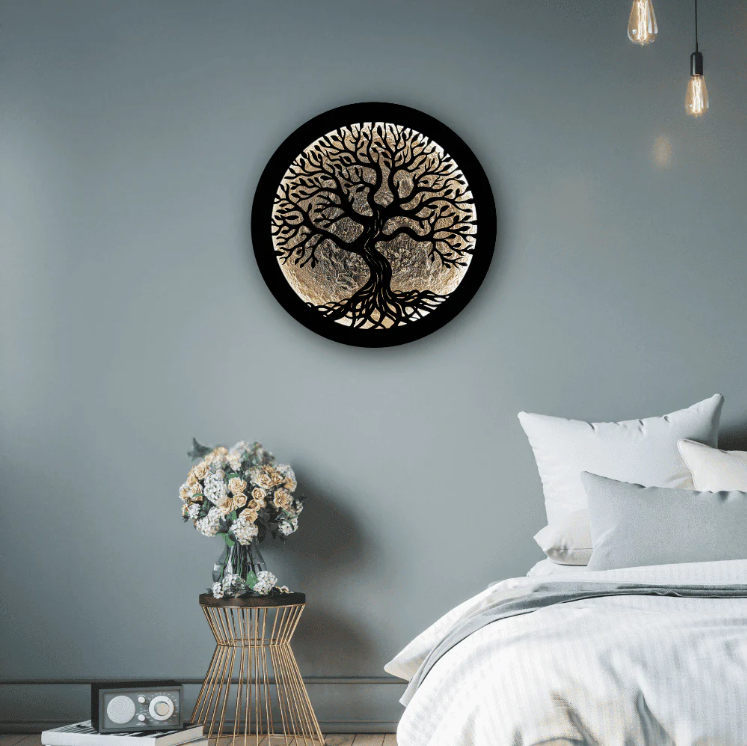 "Round Tree of Life Wall Art with Neon Backlight in Living Room"