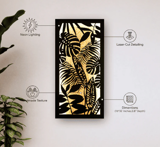 “Laser-cut tropical leaf wall art with LED backlight”