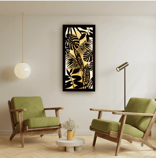 “Laser-cut tropical leaf wall art with LED backlight”