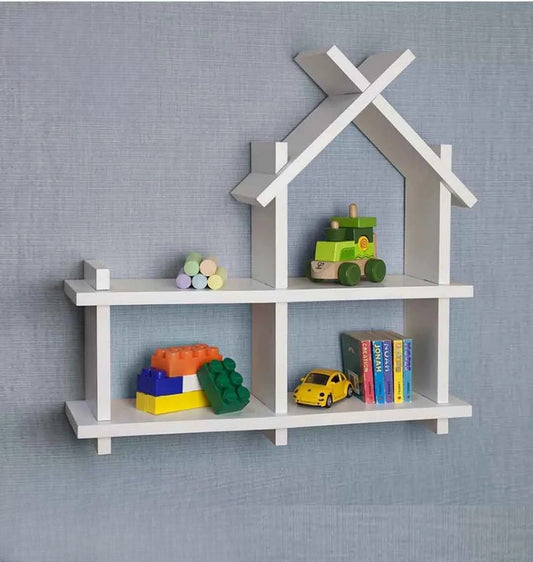 house-shaped wall shelf for modern home decor, made from laminated MDF and used to organize books, toys, and plants.”