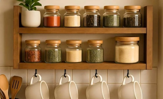 Beautiful Wooden Spice Rack For Kitchen with Hooks