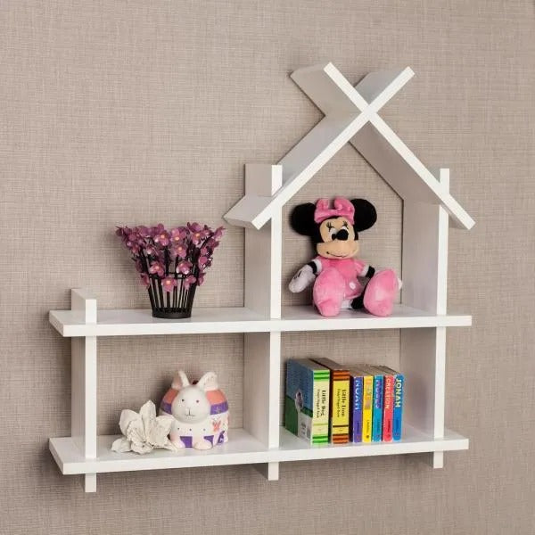 “White house-shaped wall shelf for modern home decor, made from laminated MDF and used to organize books, toys, and plants.”