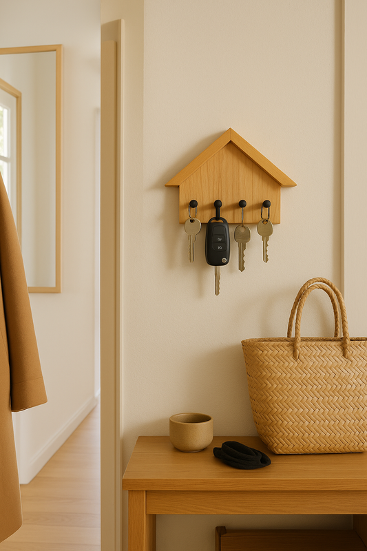 wooden house-shaped key holder mounted on wall