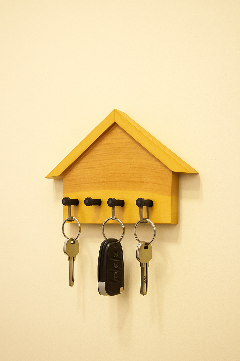 wooden house-shaped key holder mounted on wall