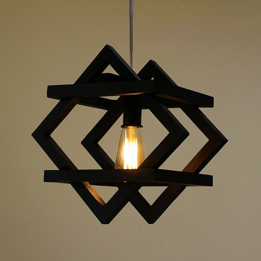 Geometric black wood pendant light with Edison bulb for modern interiors
