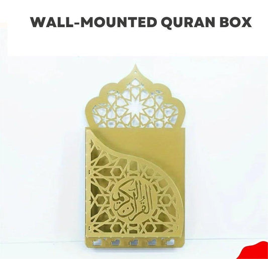 Wall-mounted Quran box with intricate designs on a white background