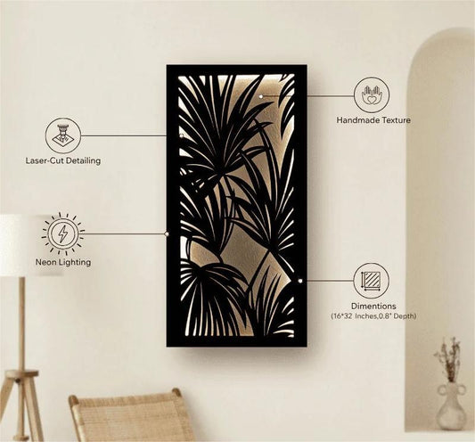 Decorative wall panel with leaf pattern on a beige wall, featuring laser-cut detailing and neon lighting.