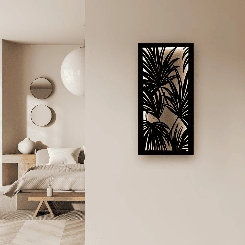 Modern bedroom with a decorative wall panel featuring leaf patterns.