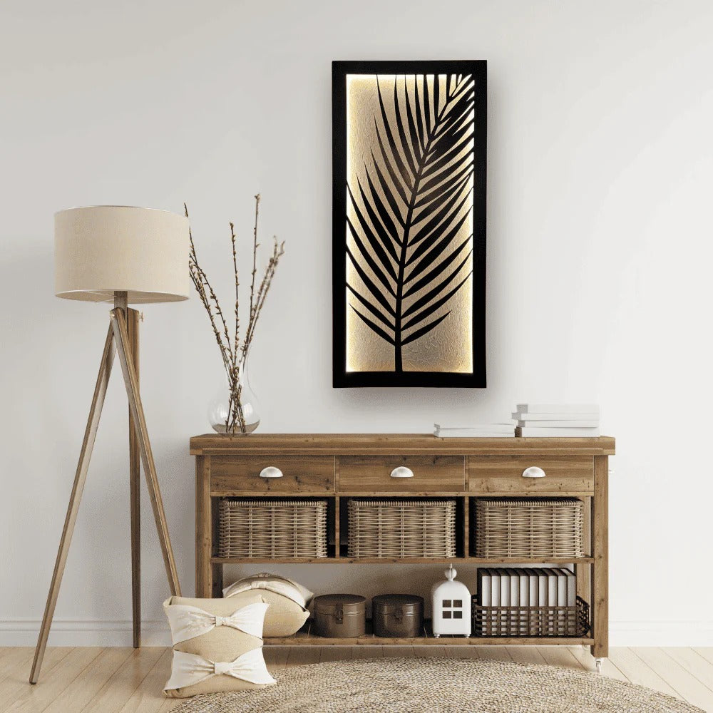 Wooden console table with decorative items in a room with a lamp and wall art.