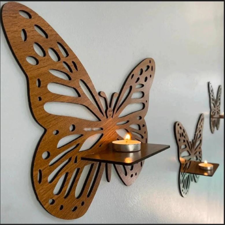 Pack of 2 3D Butterfly Wooden Wall Shelf Decorative Display for Living Room, Home Décor |  Candles Included