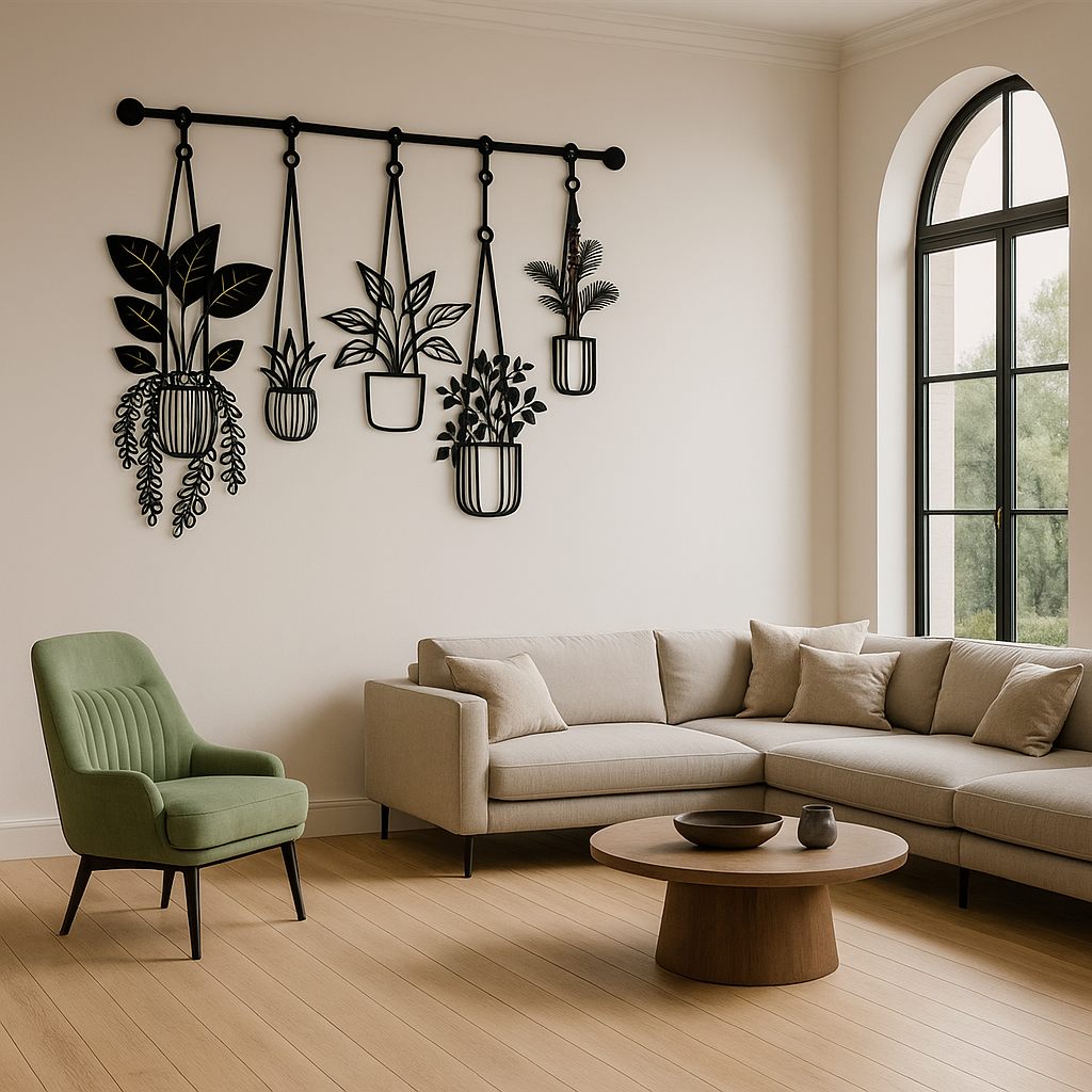 "Black metal wall art with five hanging plant pots on a white wall above green chair – minimalist modern home decor"

