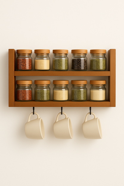 Beautiful Wooden Spice Rack For Kitchen with Hooks
