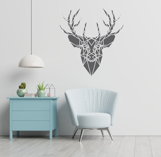 "Geometric deer head wall art mounted in a modern minimalist room with pastel furniture"