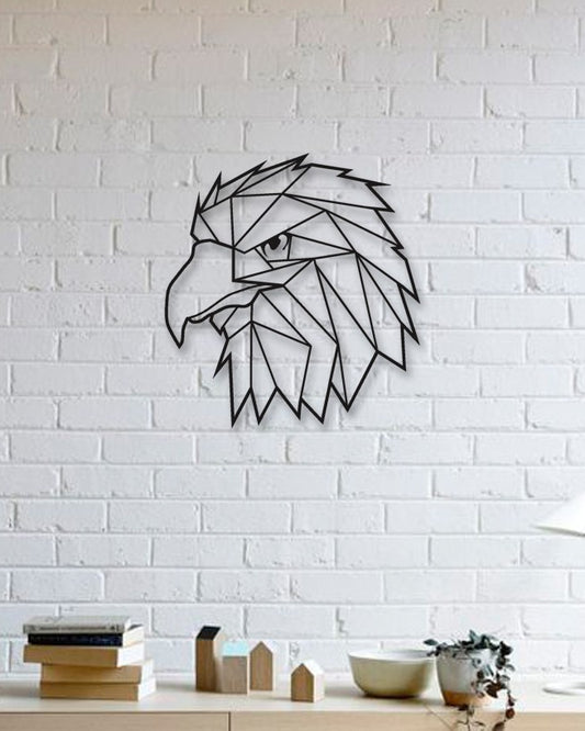 "Geometric eagle head wall art made of MDF wood hanging on white brick wall"

