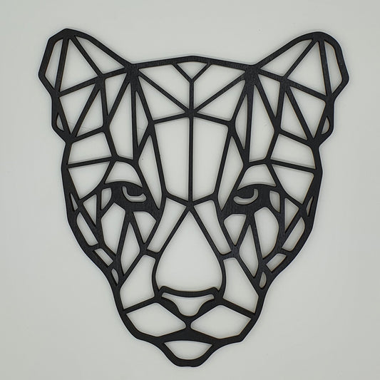 "Geometric panther face wall art in black MDF wood on a white background – modern animal wall decor"