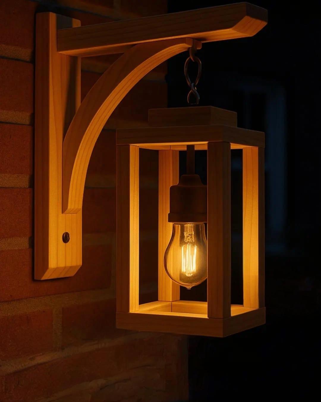 "Handcrafted natural pine wood homestead wall lantern mounted on a red brick exterior wall"