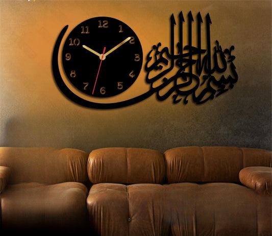 Islamic wall clock with Arabic calligraphy on a brown wall above a leather sofa.