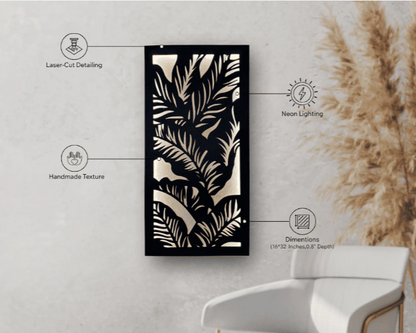 "Laser-cut wooden wall art with tropical leaf design and neon light"

