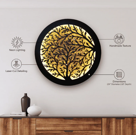 Round Tree of Life LED wall art with neon lighting, handmade wood texture, and laser-cut detailing, mounted above a wooden sideboard in a modern interior.