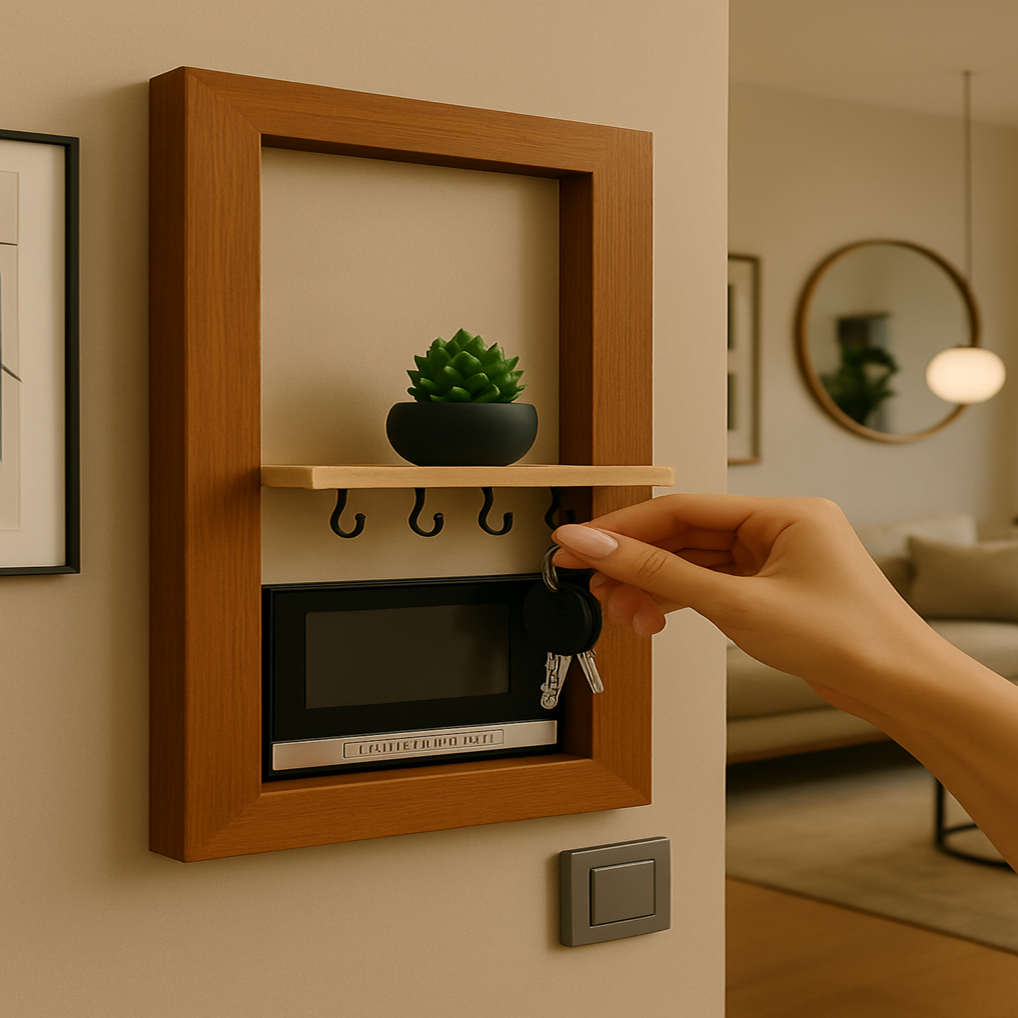 "Modern black wall-mounted key holder with shelf, hooks, and small potted plant in entryway interior"