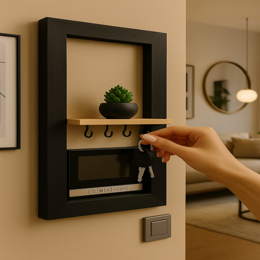 "Modern black wall-mounted key holder with shelf, hooks, and small potted plant in entryway interior"