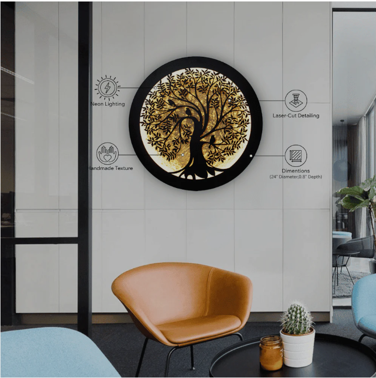 "Tree of Life Wooden LED Wall Art with Neon Lighting - 24 Inch Round Wall Decor in Modern Office"
