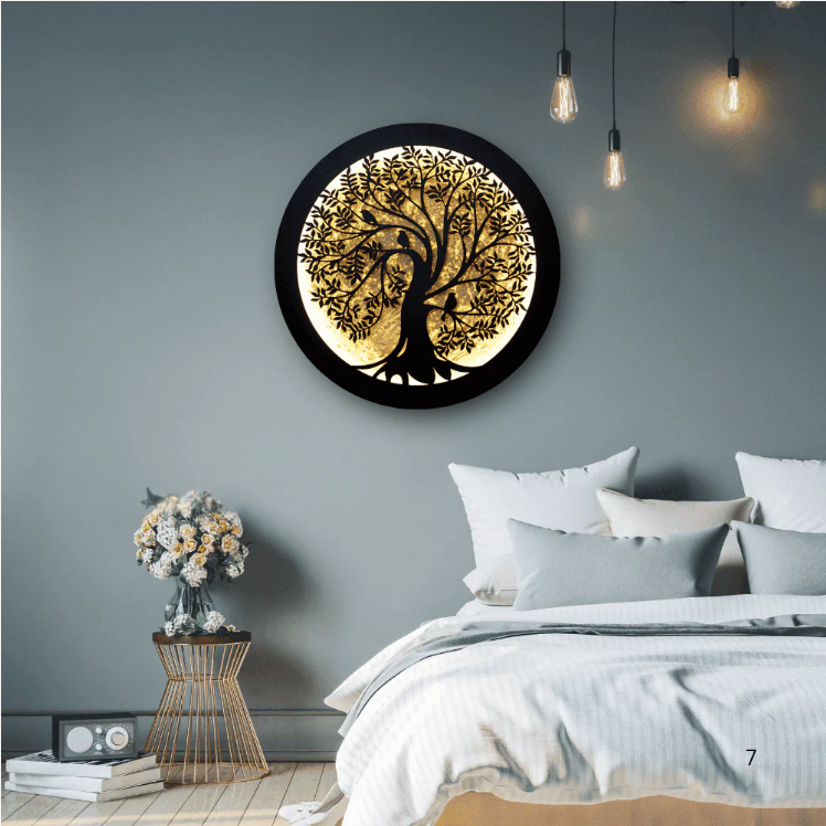 "Tree of Life Wooden LED Wall Art with Neon Lighting - 24 Inch Round Wall Decor in Modern Office"
