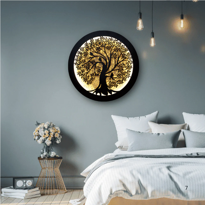 "Tree of Life Wooden LED Wall Art with Neon Lighting - 24 Inch Round Wall Decor in Modern Office"