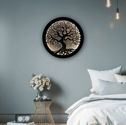 "Round Tree of Life Wall Art with Neon Backlight in Living Room"

