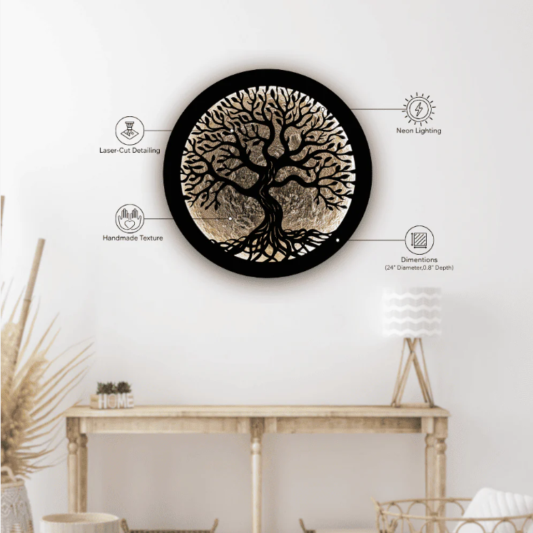 "Round Tree of Life Wall Art with Neon Backlight in Living Room"

