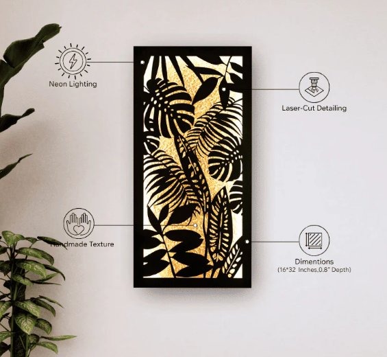 “Laser-cut tropical leaf wall art with LED backlight”

